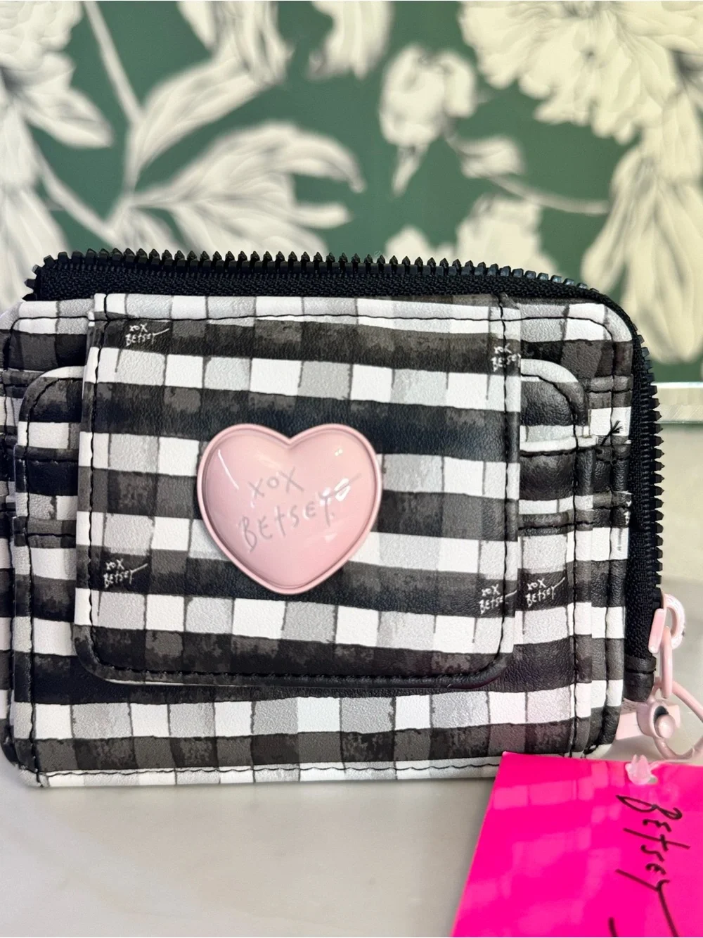 Betsey Johnson Black and White Gingham Wallet with Pink Heart Accent